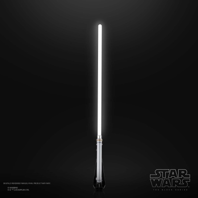 Sabre de luz branco Star Wars com cabo preto e detalhes prateados em fundo preto