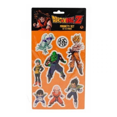 Conjunto de imãs Dragon Ball Z com personagens e símbolo em embalagem preta e laranja