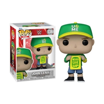 Funko Pop John Cena WWE com boné e camisola verdes, texto Never Give Up
