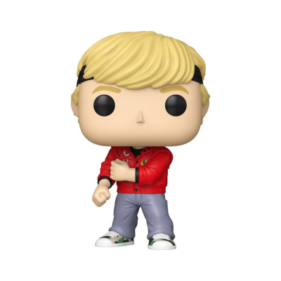 Boneco Funko Pop loiro com casaco vermelho e calças azuis