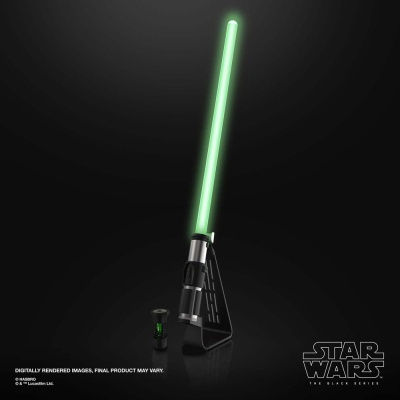 Espada de luz verde com suporte preto e logótipo Star Wars