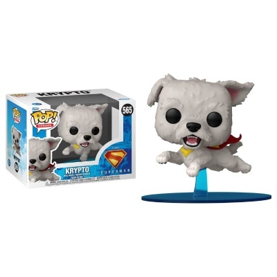 Figura Funko Pop! de Krypto o cão de Superman em vinil, branca, com capa vermelha e olhos pretos, junto à caixa com imagens e texto POP! HEROES e SUPERMAN.