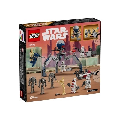 Caixa LEGO Star Wars 75372 com figuras de soldados, robô gigante e cenário de batalha