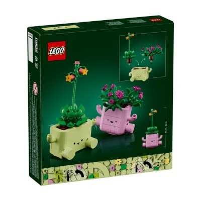 Caixa LEGO com conjunto de plantas em vasos animados amarelo e rosa em fundo verde escuro