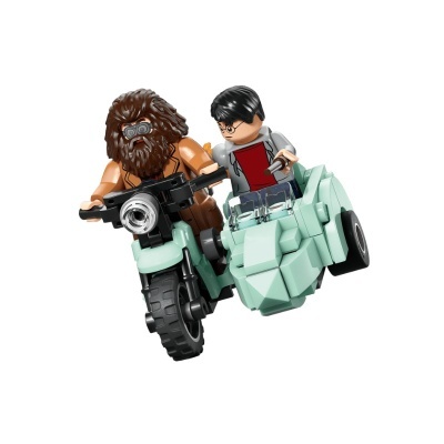 Miniaturas LEGO numa mota verde claro com sidecar em fundo branco