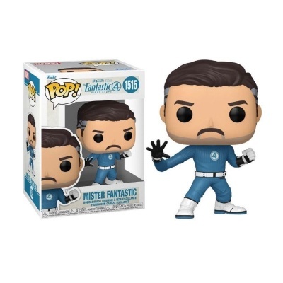 Figura Funko Pop! Mister Fantastic com fato azul e embalagem branca.