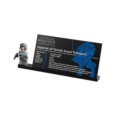 Figura LEGO de piloto imperial cinza com placa descritiva Star Wars