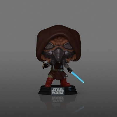Figura colecionável Star Wars com capa castanha e espada de luz azul
