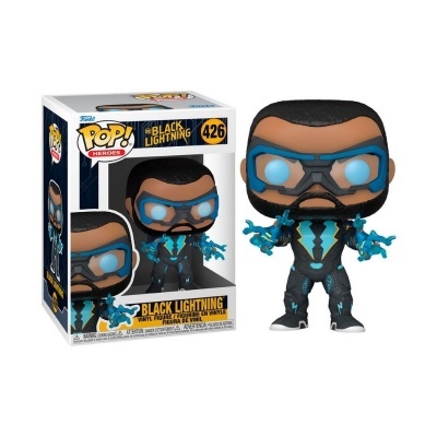 Figura Funko Pop! do Black Lightning com terno preto e azul ao lado da sua embalagem.
