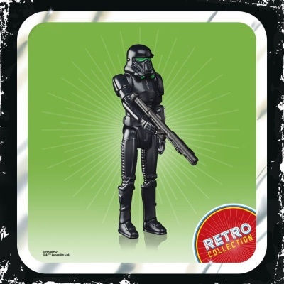 Boneco de ação preto com capacete e arma sobre fundo verde com selo RETRO COLLECTION