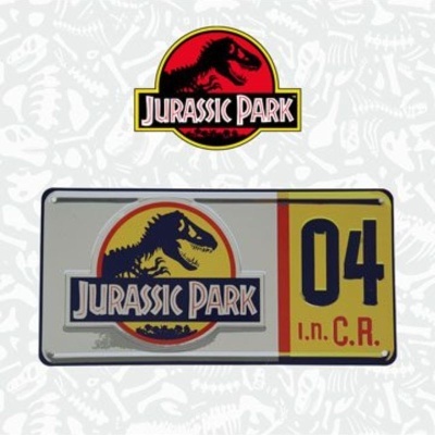 Placa decorativa com logótipo Jurassic Park e número 04 em fundo branco e amarelo