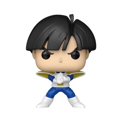 Figura colecionável estilo Funko Pop com cabelo preto e traje azul, branco e amarelo