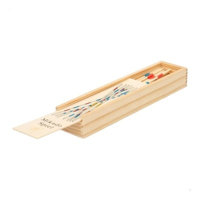 Jogo Mikado Spiel com palitos de madeira coloridos em caixa de madeira clara