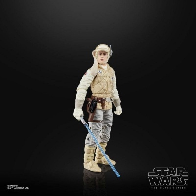 Figura de ação Star Wars com roupa tática bege e cinzenta segurando sabre de luz azul