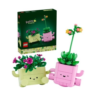 Conjunto LEGO Botanical com dois vasos de plantas felizes em LEGO, um amarelo e outro cor-de-rosa, com embalagem verde