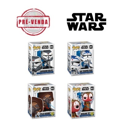 Quatro figuras Pop! Star Wars em caixas com janela transparente, números 850 a 853, personagens Commander Wolffe, ARC Trooper Fives, Plo Koon e Shaak Ti.