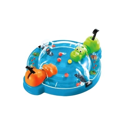 Jogo de tabuleiro com hipopótamos em plástico azul, verde e laranja e bolas coloridas