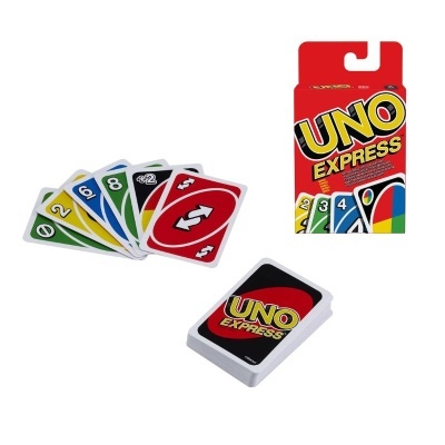 Cartas do jogo UNO Express com caixa vermelha e amarela
