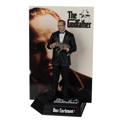 Estátua Don Corleone com gato e base preta com texto The Godfather
