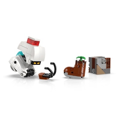 Mini figura LEGO com robô branco, bota castanha com planta verde e pequena construção cinza