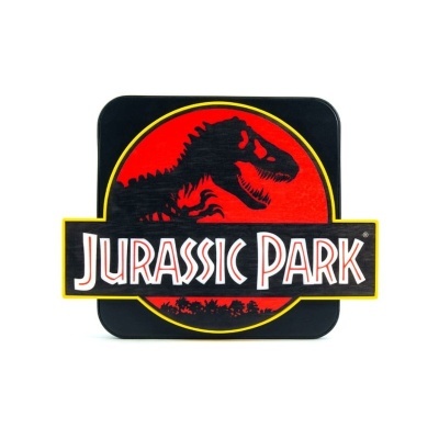 Placa decorativa com logótipo do Jurassic Park com dinossauro e texto