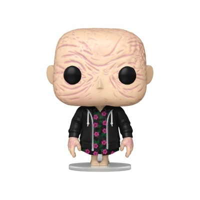 Boneco Funko Pop calvo com casaco preto e camisa de flores roxas