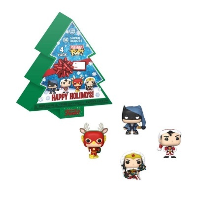 Caixa em forma de árvore de Natal com 4 figuras Funko Pop! de super-heróis DC em roupas de festa