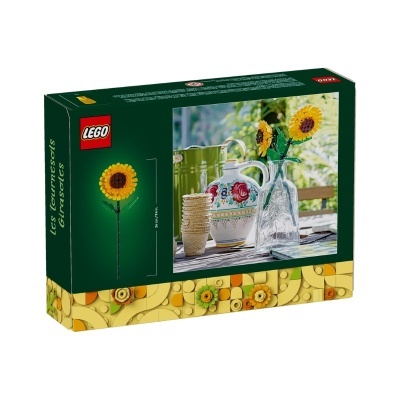 Caixa LEGO de construção com girassóis em destaque e texto em francês