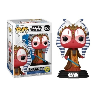 Figura Funko POP! Star Wars Shaak Ti com roupa castanha, listra azul e branca na cabeça e sabre azul