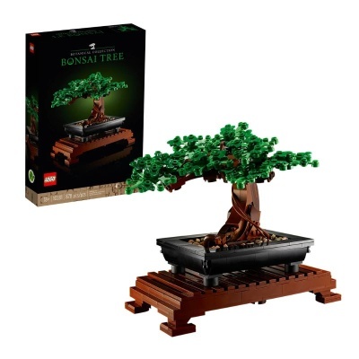 LEGO Botanical Collection Bonsai Tree com árvore de peças verdes e castanhas em suporte castanho
