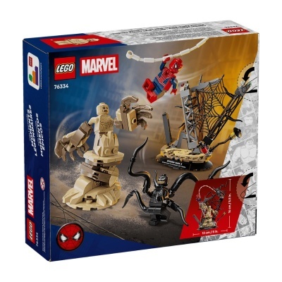 Caixa LEGO Marvel 76334 com personagens Spider-Man, Venom e golem de pedra.