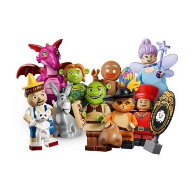 Mini-figuras LEGO do filme Shrek com dragão, Pinóquio, burro, Shrek, Gato com Botas, Fada Azul, Homem de Gengibre e figura com escudo.