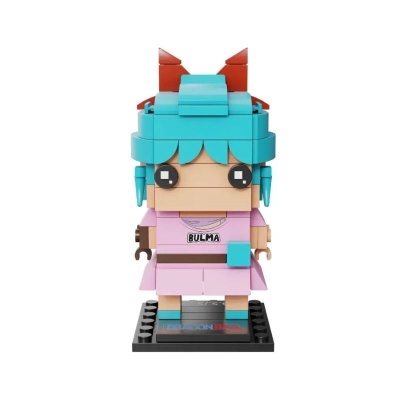Figura Bulma de construção tipo LEGO com cabelo azul e vestido rosa