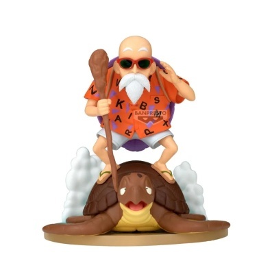 Figura colecionável de ancião de barba branca em camisa laranja montado numa tartaruga marrom