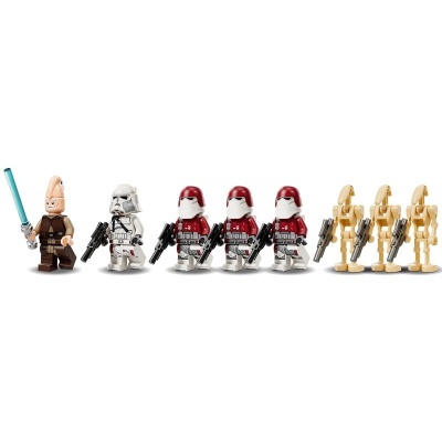 Mini figuras de ação estilo LEGO Star Wars com capacetes e armas, fundo branco