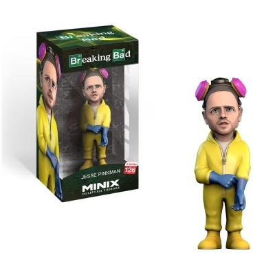 Figurinha colecionável personagem Jesse Pinkman da série Breaking Bad com fatos amarelos e luvas azuis