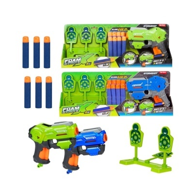 Conjunto de pistolas de brinquedo verdes e azuis com alvos e dardos de espuma