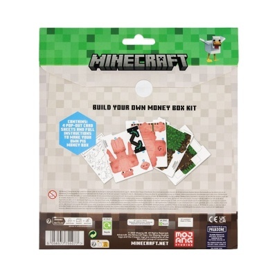Kit construção caixa moedas Minecraft com placas cartão e instruções, design porco pixelizado