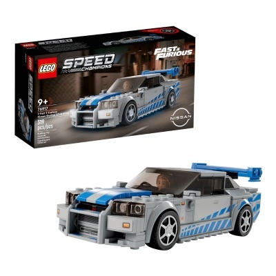 LEGO Speed Champions Nissan Skyline GT-R R34 cinza e azul com mini-figura e caixa preta