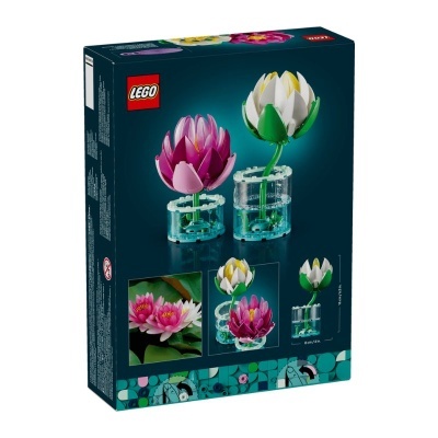 Caixa LEGO com flores de lótus rosa e branca em vasos transparentes