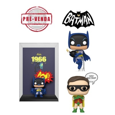 Figuras de vinil Funko Pop Batman e Robin 1966 com moldura decorativa e textos POW e HOLY BAT-TRAP