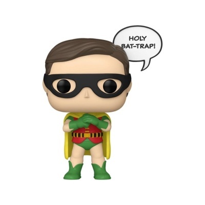 Figura Funko Pop do super-herói Robin com capa amarela e balão de fala