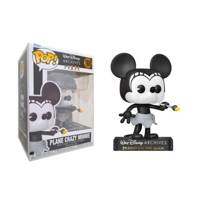 Figura POP! Disney Plane Crazy Minnie em preto e branco com base preta e embalagem ao fundo