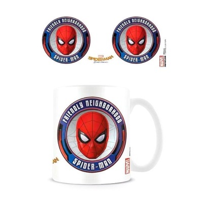 Caneca branca com desenho do Homem-Aranha e texto