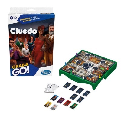 Jogo de tabuleiro Cluedo Grab & Go da Hasbro Gaming com tabuleiro verde e cartas.