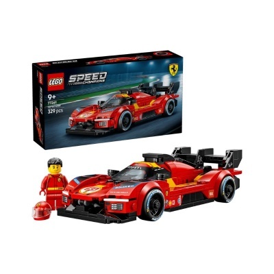 Caixa e modelo LEGO Speed Champions Ferrari 499P com mini figura e capacete