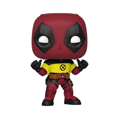 Figura colecionável Funko Pop de Deadpool com fato vermelho, preto e amarelo e símbolo dos X-Men