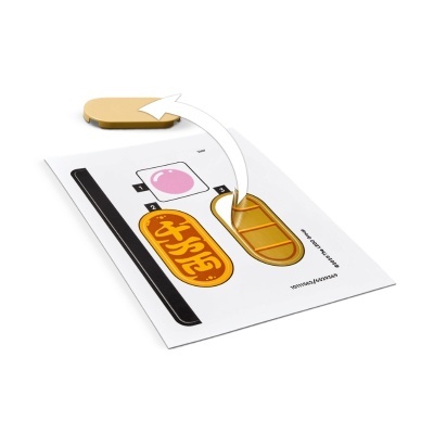 Folha com instruções coloridas e autocolante amarelo a ser destacado