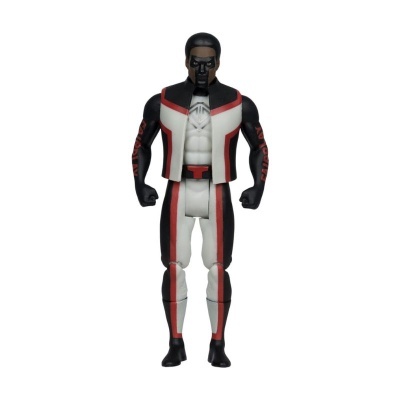 Figura de ação de super-herói com fatos preto, branco e vermelho