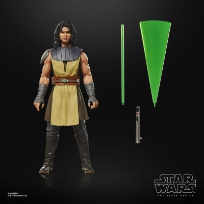 Figura de ação com acessórios verdes e cinzentos sobre fundo preto com logo Star Wars.
